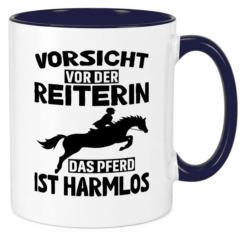 Vorsicht vor der Reiterin das Pferd ist Harmlos lustig Humor Geschenkidee Tasse