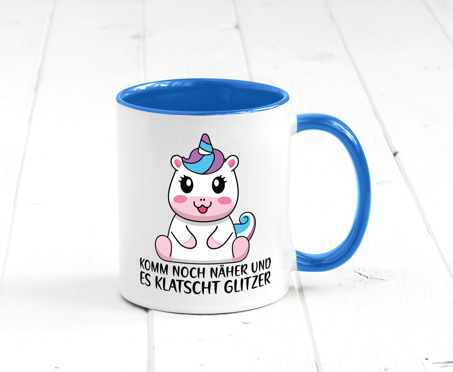 Komm näher und es klatscht Glitzer | Humor Einhorn Geschenkidee Tasse