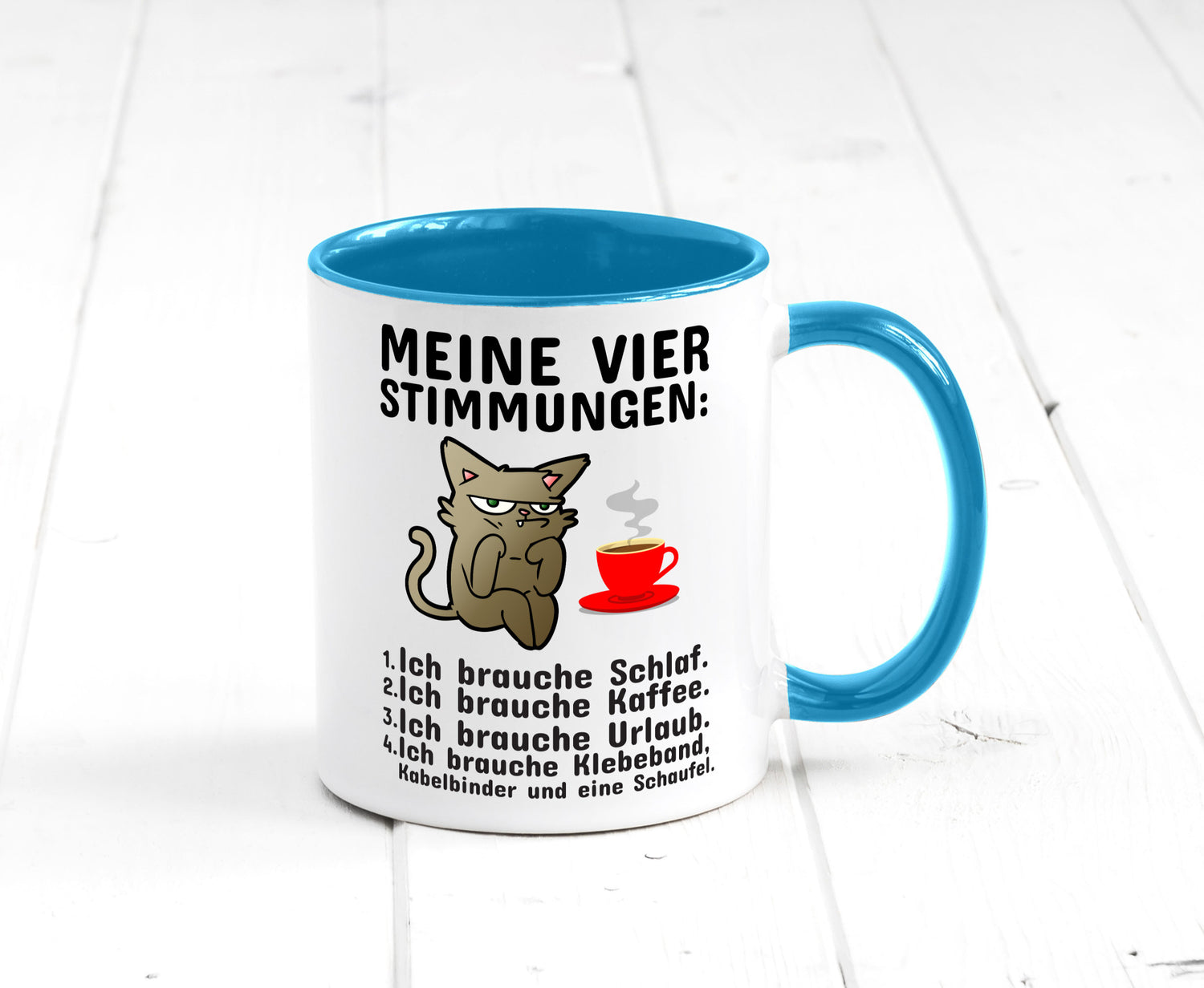 Vier Stimmungen | Morgenmuffel Tasse mürrische Katze Humor Tierliebhaber