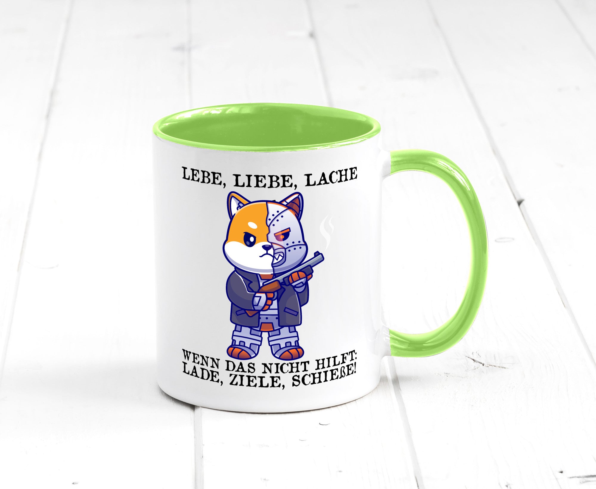 Lebe Liebe Lache | Sarkasmus Katze mit Gewehr Comic Geschenk Tierliebhaber
