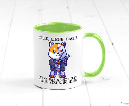 Lebe Liebe Lache | Sarkasmus Katze mit Gewehr Comic Geschenk Tierliebhaber