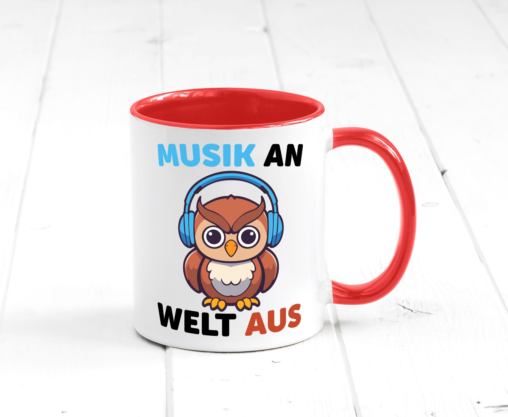 Musik an Welt aus | Eule hört lustiger Spruch Geschenk Humor Geschenkidee Tasse