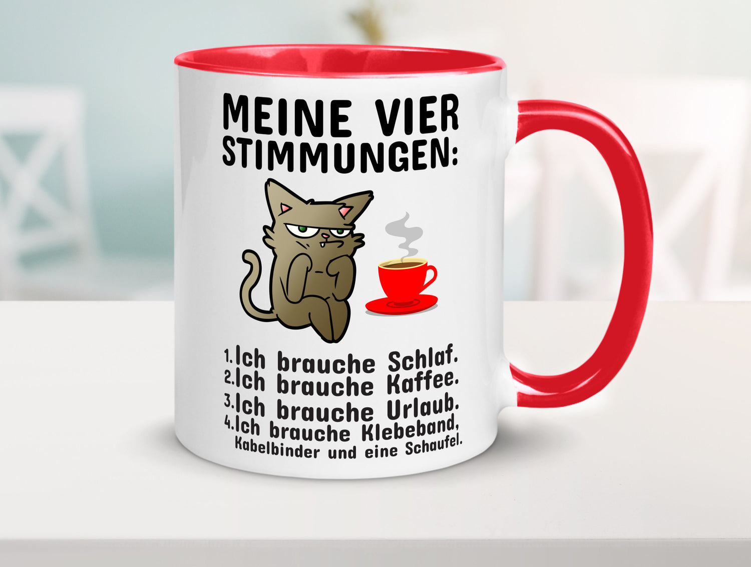 Vier Stimmungen | Morgenmuffel Tasse mürrische Katze Humor Tierliebhaber