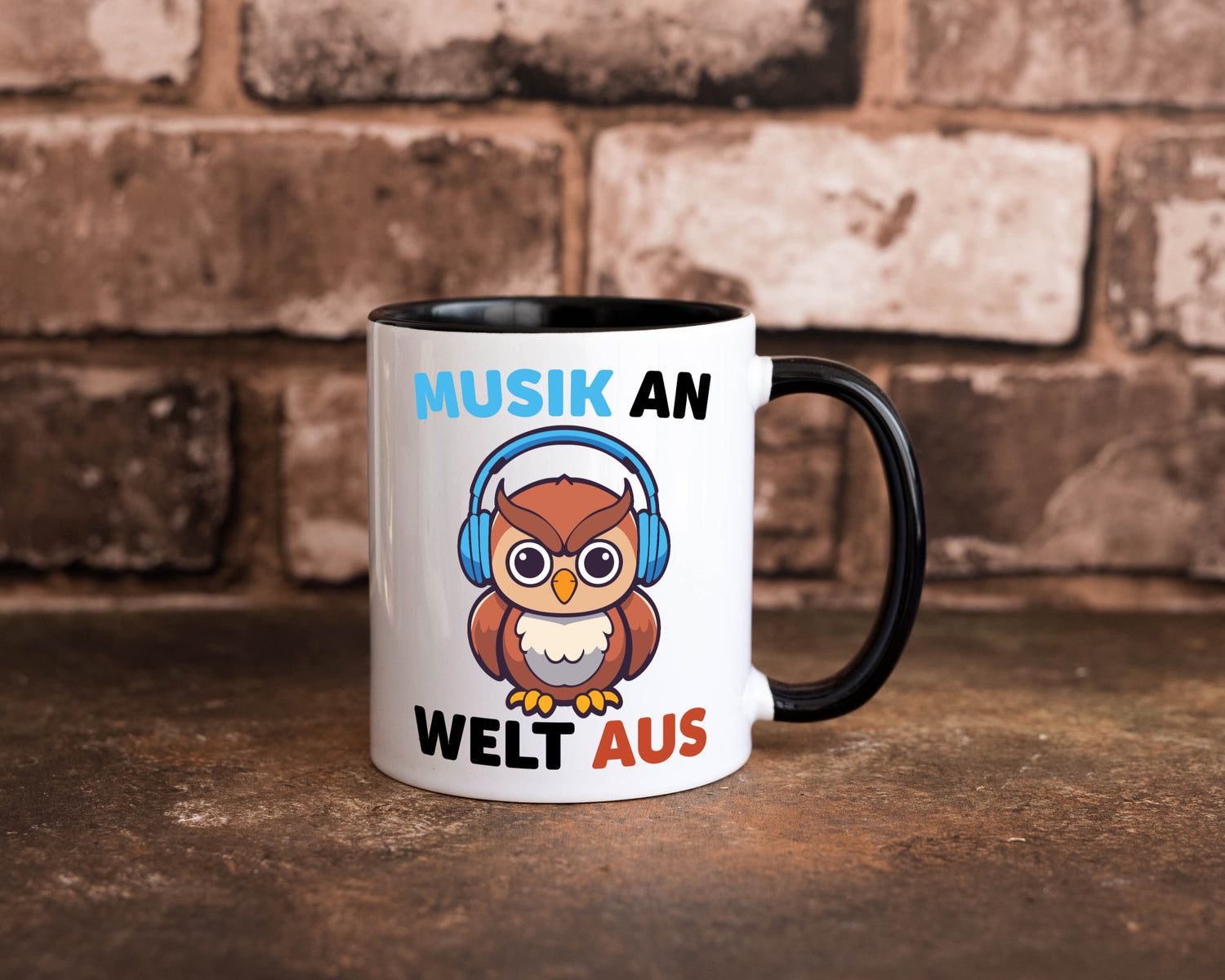 Musik an Welt aus | Eule hört lustiger Spruch Geschenk Humor Geschenkidee Tasse