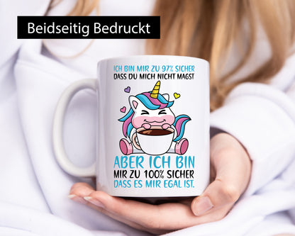 Zu 97% sicher | Einhorn mit Tasse Comic Selbstbewusst lustiger Spruch Geschenk