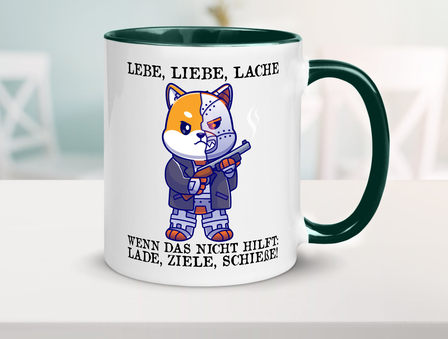 Lebe Liebe Lache | Sarkasmus Katze mit Gewehr Comic Geschenk Tierliebhaber