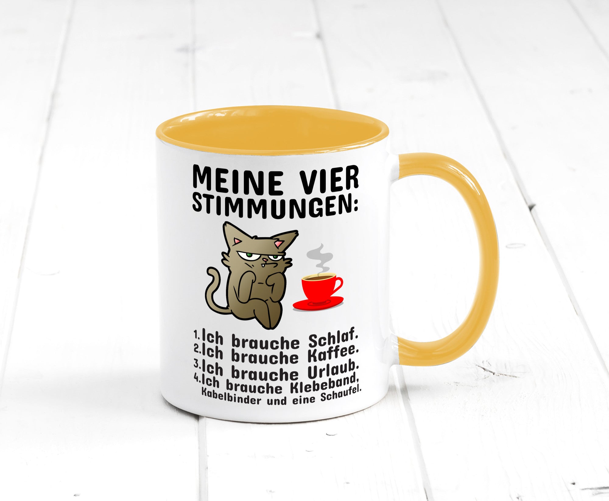 Vier Stimmungen | Morgenmuffel Tasse mürrische Katze Humor Tierliebhaber