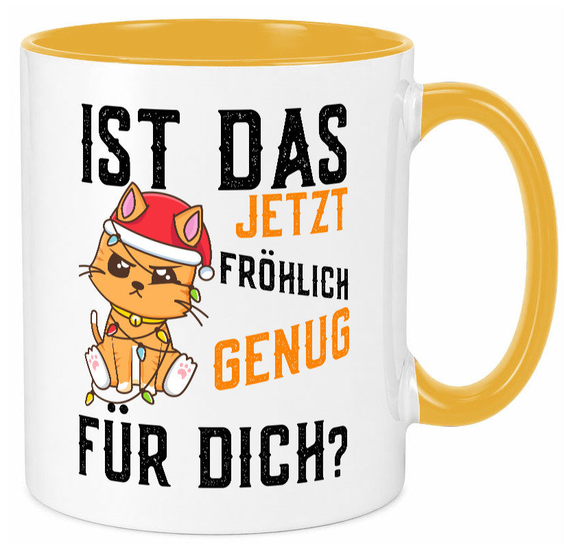 Ist das fröhlich genug | Katze Weihnachten Lichterkette Geschenk Tierliebhaber Tasse