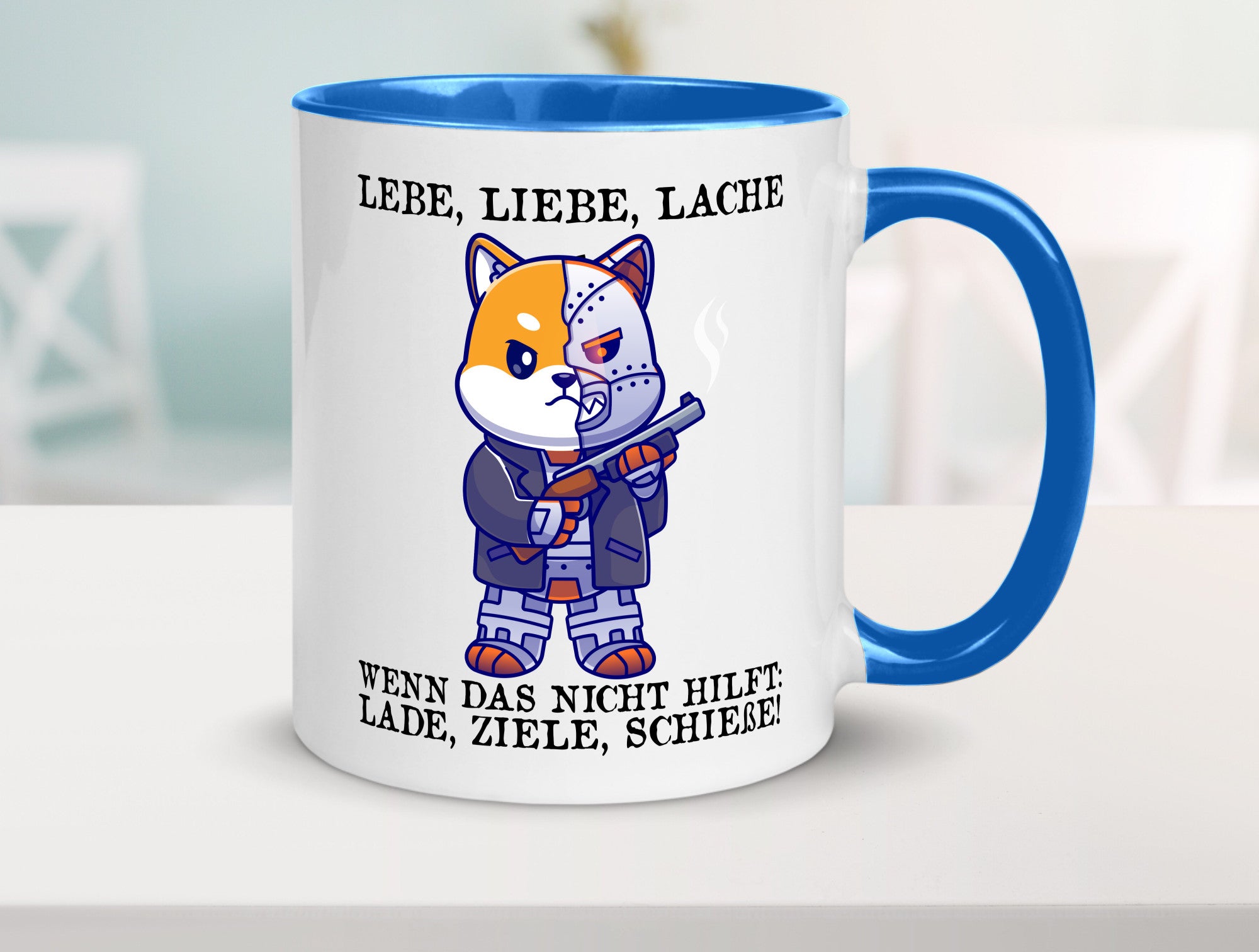 Lebe Liebe Lache | Sarkasmus Katze mit Gewehr Comic Geschenk Tierliebhaber
