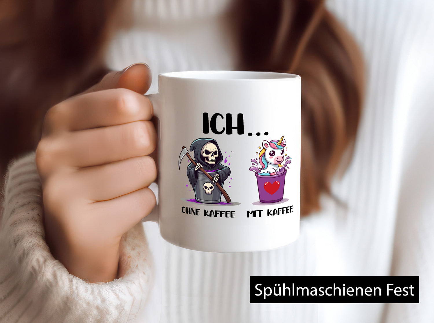 Ich mit und ohne Kaffee | Einhorn Kaffeetrinker v2 Humor Geschenkidee Tasse