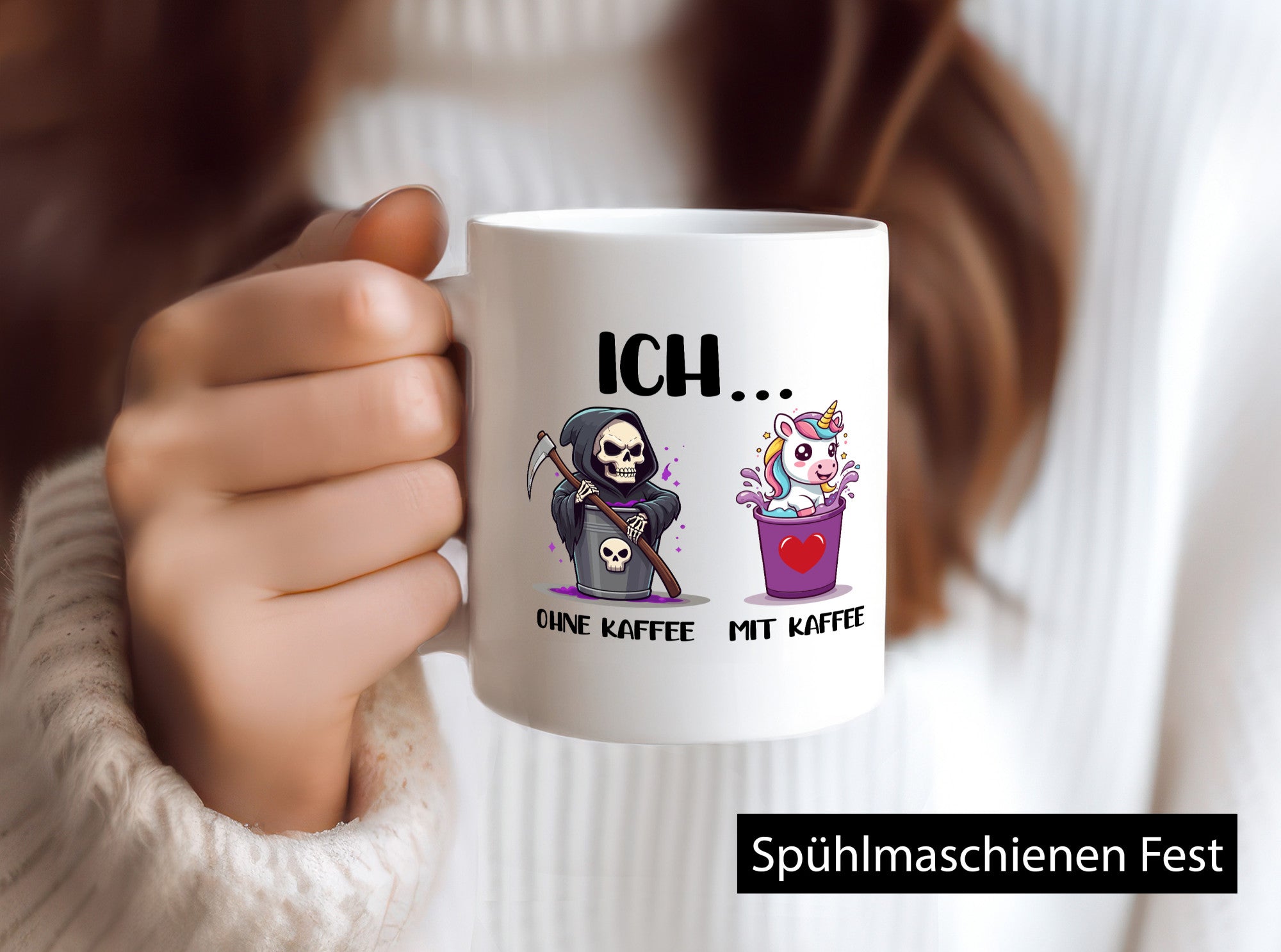 Ich mit und ohne Kaffee | Einhorn Kaffeetrinker v2 Humor Geschenkidee Tasse