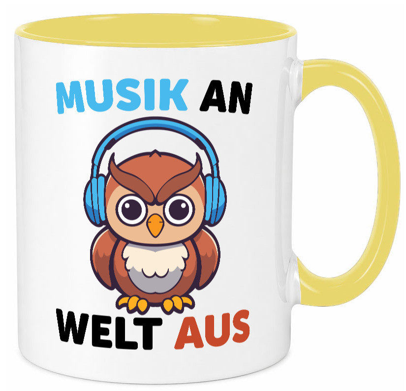 Musik an Welt aus | Eule hört lustiger Spruch Geschenk Humor Geschenkidee Tasse