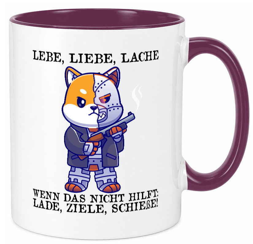 Lebe Liebe Lache | Sarkasmus Katze mit Gewehr Comic Geschenk Tierliebhaber