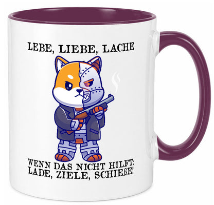 Lebe Liebe Lache | Sarkasmus Katze mit Gewehr Comic Geschenk Tierliebhaber