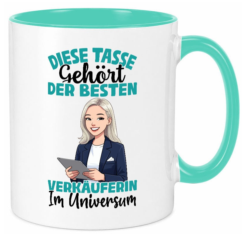 Im Universum: Verkäuferin| Kollegin | Verkaufsjob lustiger Spruch Geschenk Tasse