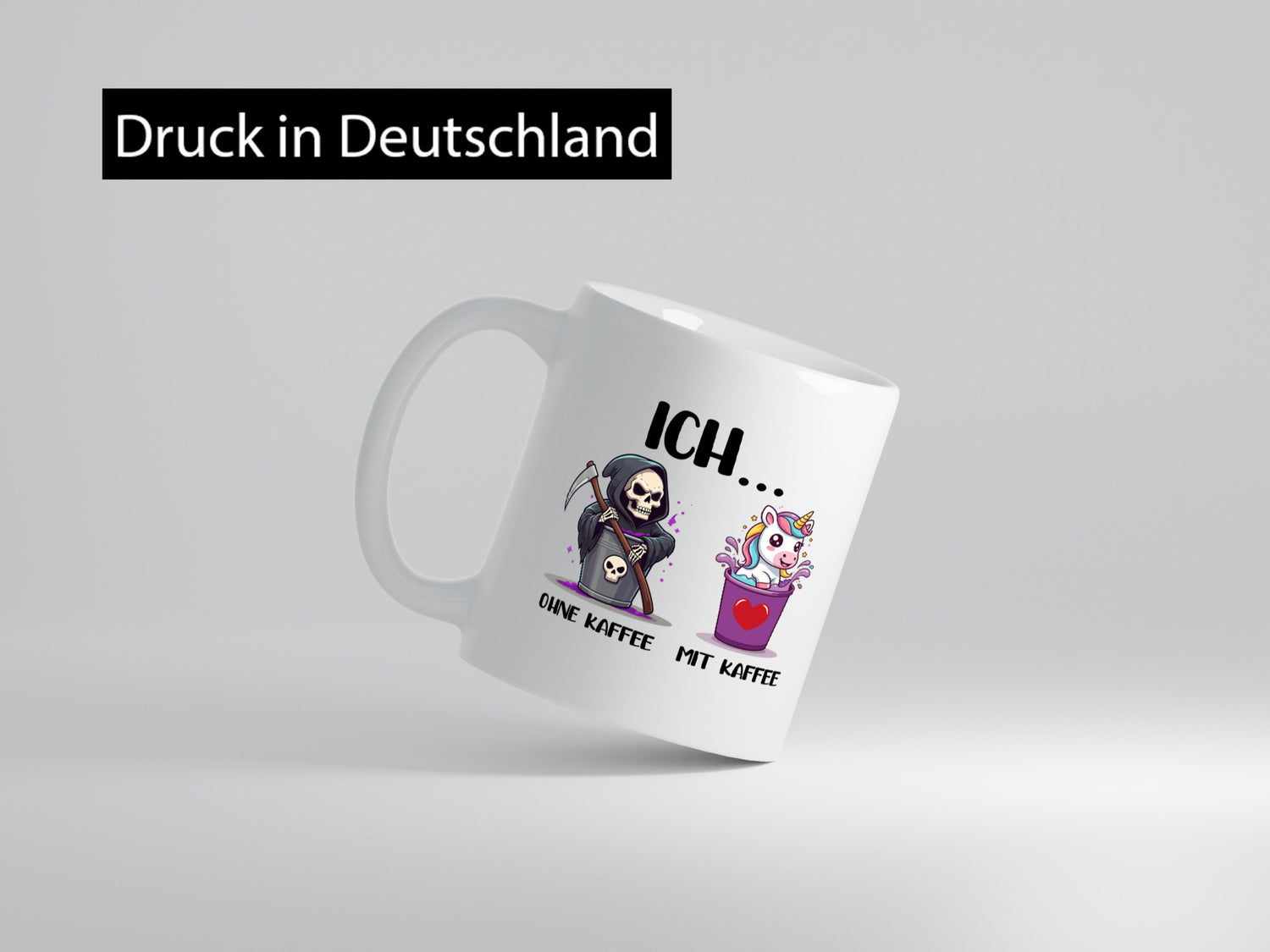 Ich mit und ohne Kaffee | Einhorn Kaffeetrinker v2 Humor Geschenkidee Tasse