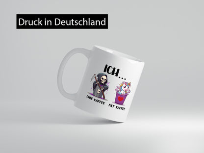 Ich mit und ohne Kaffee | Einhorn Kaffeetrinker v2 Humor Geschenkidee Tasse