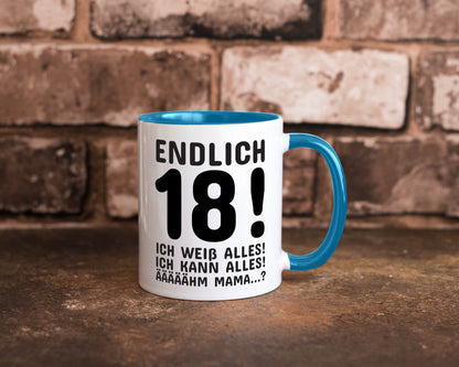 Endlich 18 | Geburtstag Tasse volljährig Erwachsen lustig Geschenkidee Geschenk
