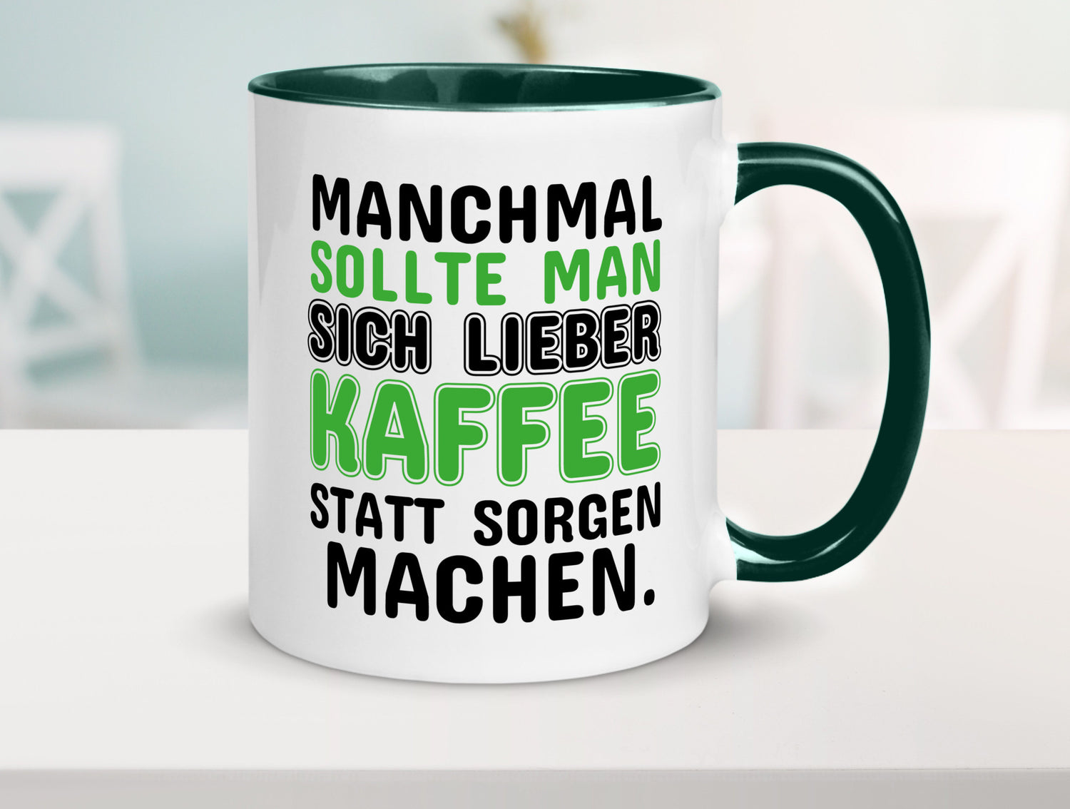 Kaffee statt sorgen lustiger Spruch Geschenk Humor Geschenkidee Tasse