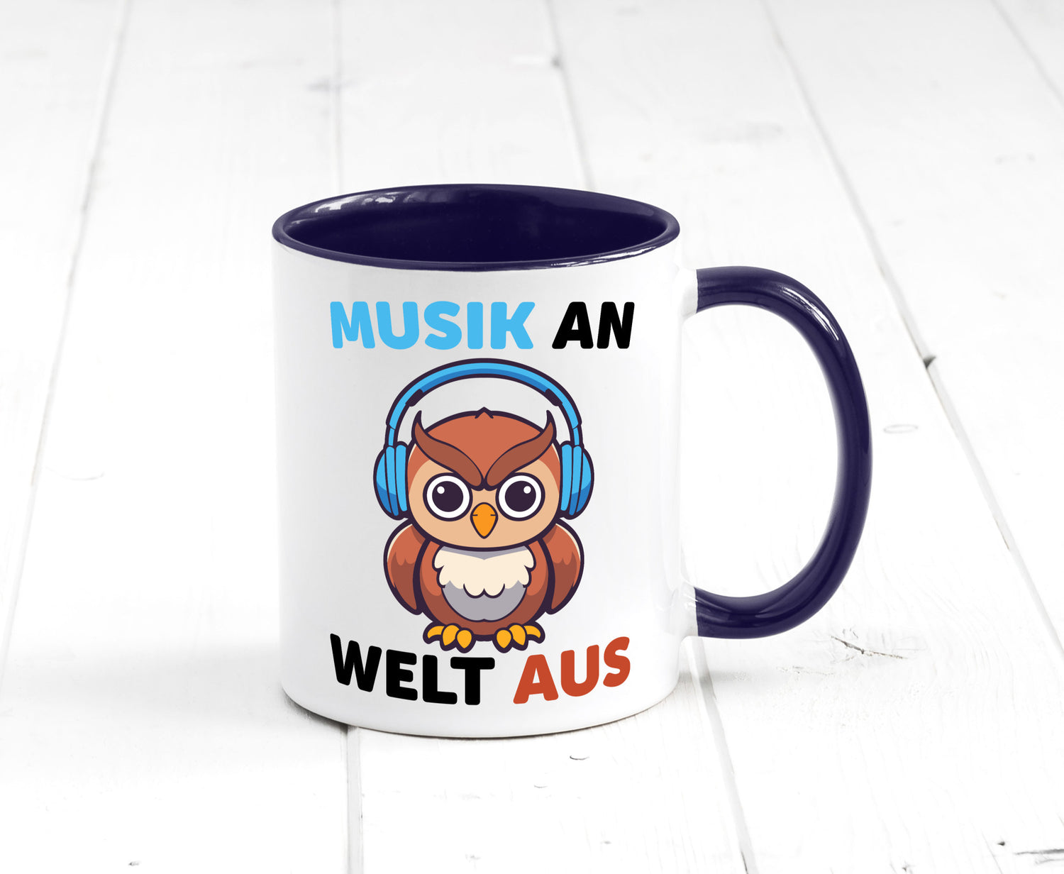 Musik an Welt aus | Eule hört lustiger Spruch Geschenk Humor Geschenkidee Tasse