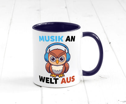 Musik an Welt aus | Eule hört lustiger Spruch Geschenk Humor Geschenkidee Tasse