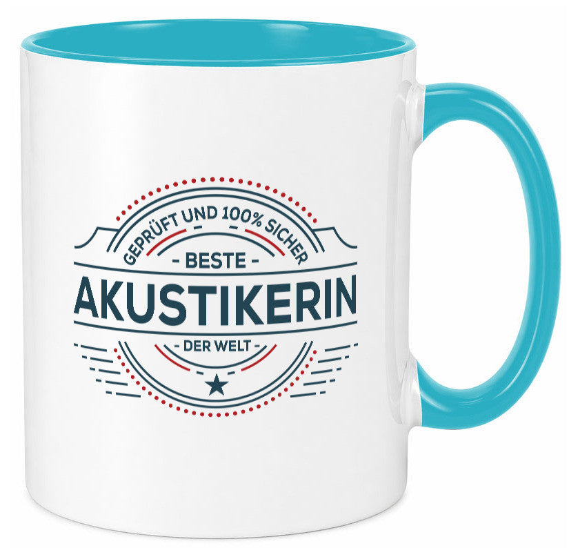 Geprüft und sicher: Akustikerin | Akustik Hörgeräteakustik Humor Geschenkidee Tasse