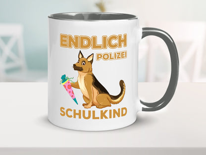 Endlich Schulkind | Tasse Einschulung Polizei Hund lustiger Spruch Geschenk