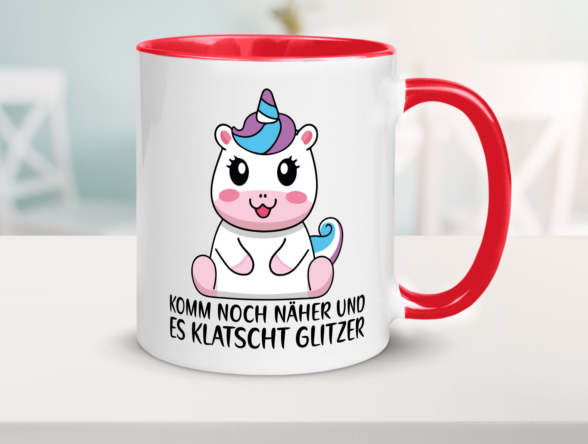 Komm näher und es klatscht Glitzer | Humor Einhorn Geschenkidee Tasse