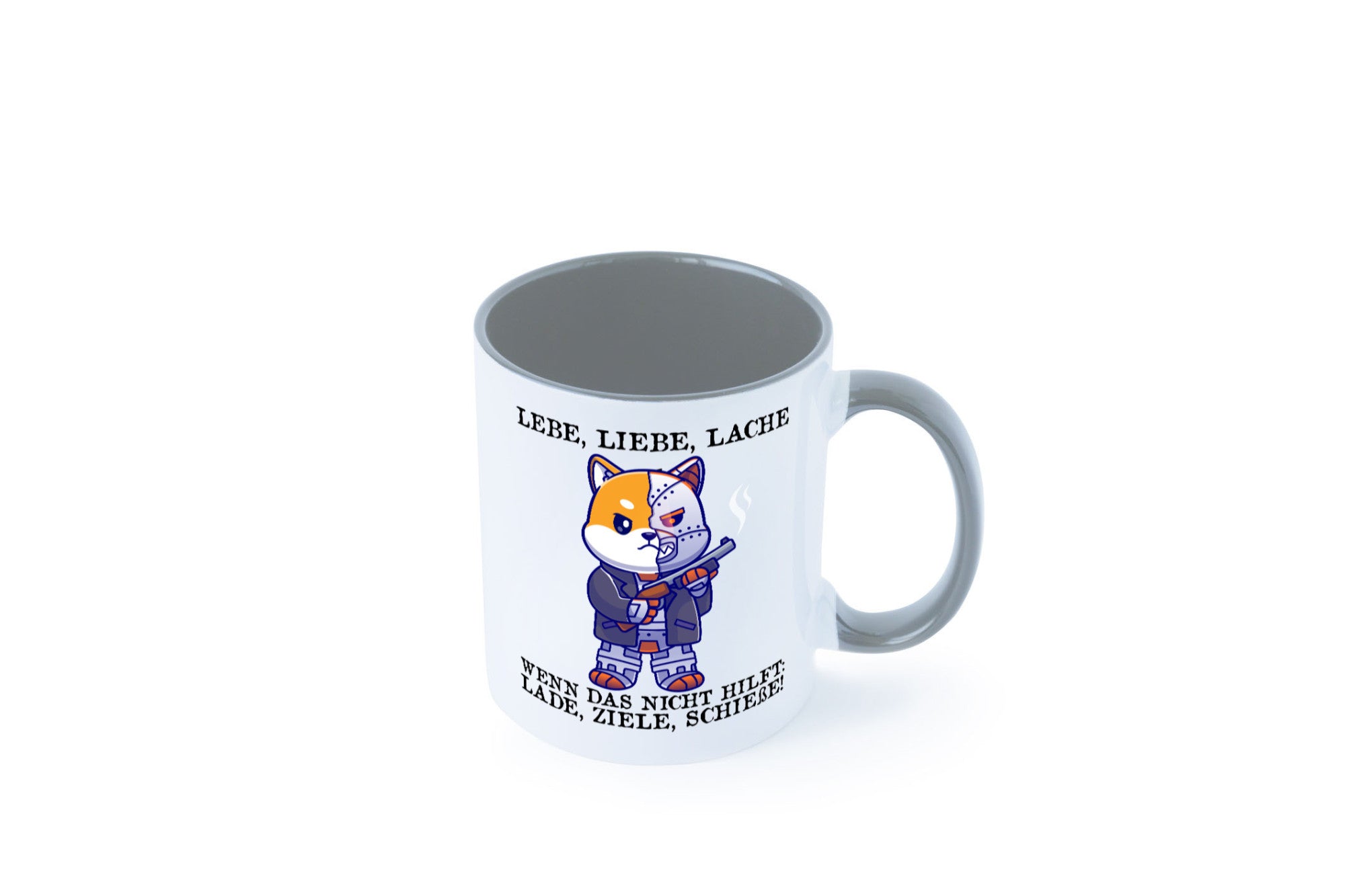 Lebe Liebe Lache | Sarkasmus Katze mit Gewehr Comic Geschenk Tierliebhaber