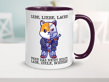 Lebe Liebe Lache | Sarkasmus Katze mit Gewehr Comic Geschenk Tierliebhaber
