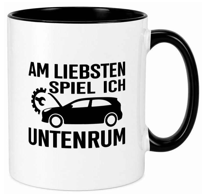 Am liebsten spiele ich unten rum | Autoliebhaber Werkstatt lustiger Spruch Tasse