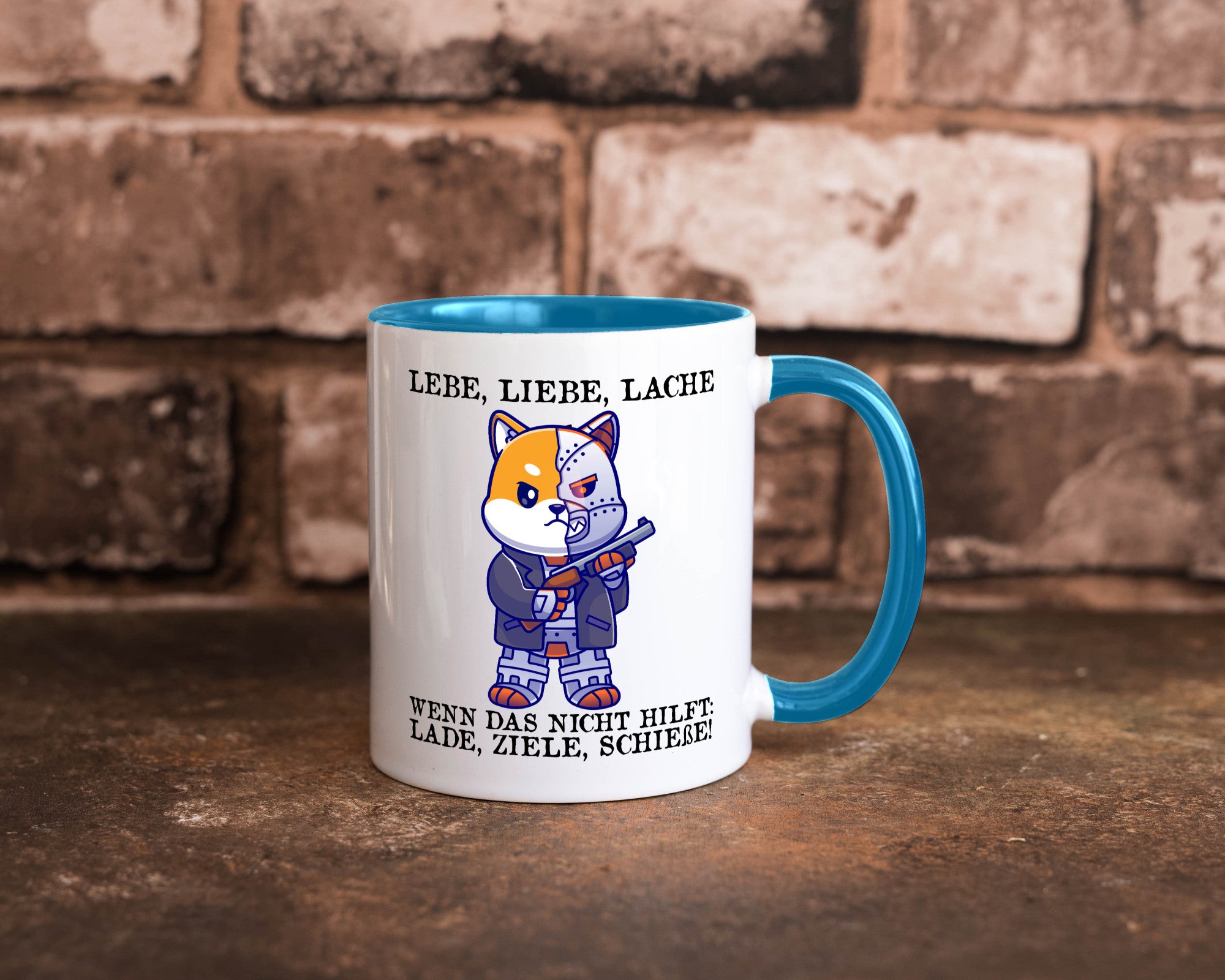 Lebe Liebe Lache | Sarkasmus Katze mit Gewehr Comic Geschenk Tierliebhaber