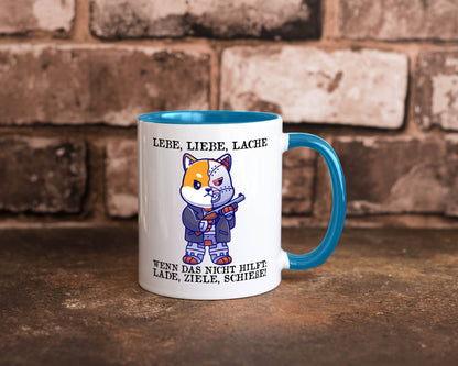 Lebe Liebe Lache | Sarkasmus Katze mit Gewehr Comic Geschenk Tierliebhaber