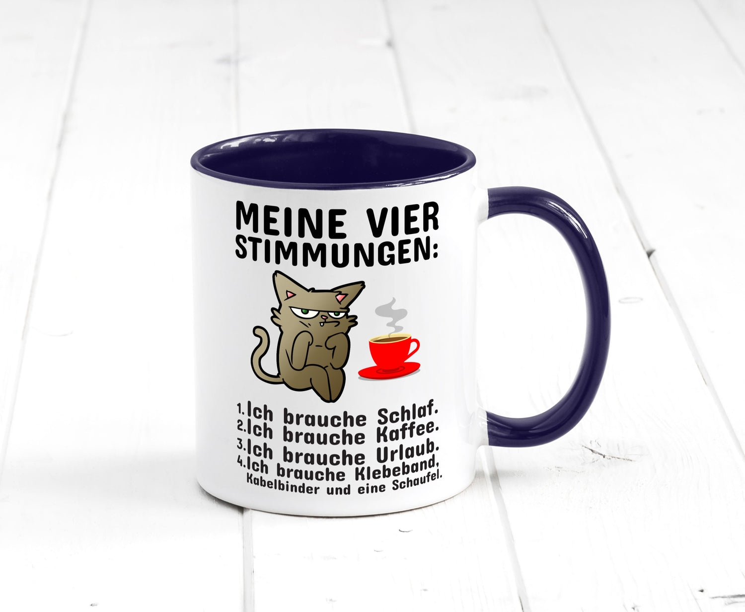 Vier Stimmungen | Morgenmuffel Tasse mürrische Katze Humor Tierliebhaber