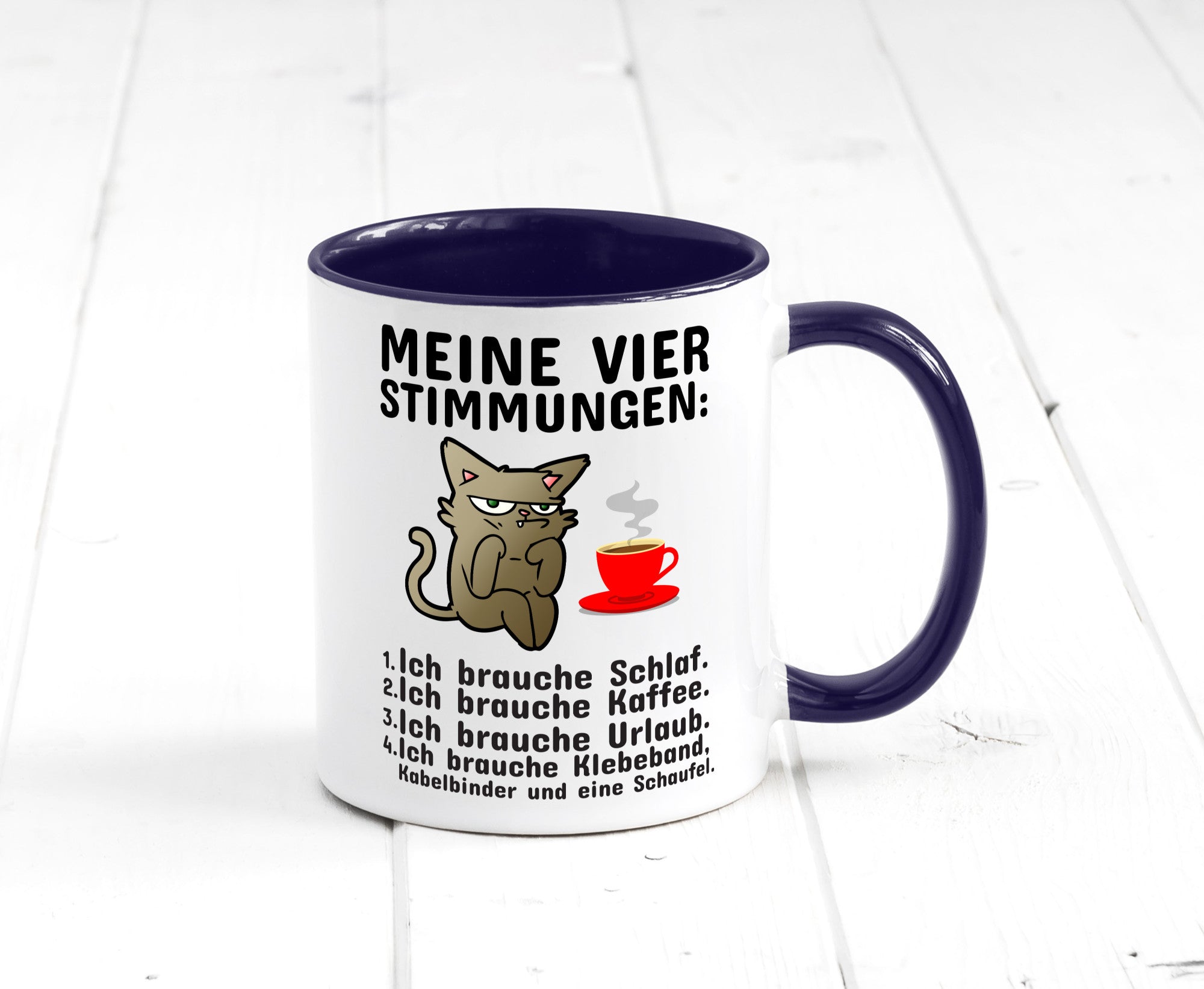 Vier Stimmungen | Morgenmuffel Tasse mürrische Katze Humor Tierliebhaber