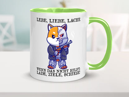 Lebe Liebe Lache | Sarkasmus Katze mit Gewehr Comic Geschenk Tierliebhaber
