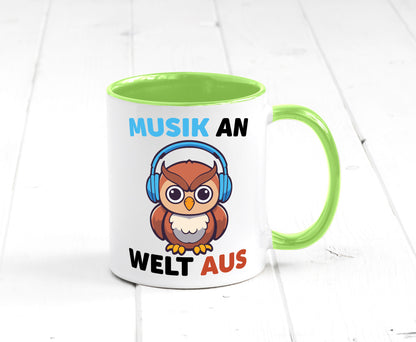 Musik an Welt aus | Eule hört lustiger Spruch Geschenk Humor Geschenkidee Tasse