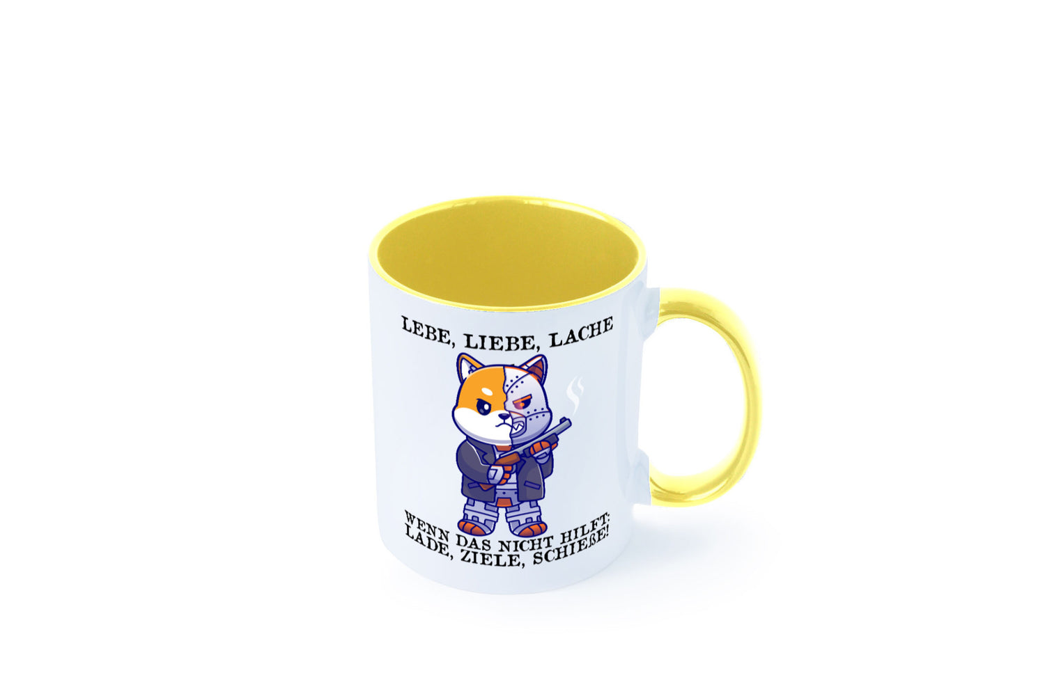 Lebe Liebe Lache | Sarkasmus Katze mit Gewehr Comic Geschenk Tierliebhaber