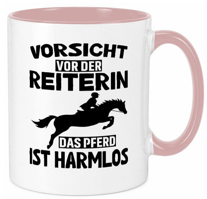 Vorsicht vor der Reiterin das Pferd ist Harmlos lustig Humor Geschenkidee Tasse