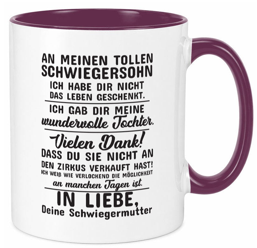 An meinen tollen Schwiegersohn lustiger Spruch Geschenk Familie Geschenkidee Tasse
