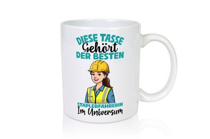 Im Universum: Staplerfahrerin | Gabelstapler Humor Geschenkidee Tasse