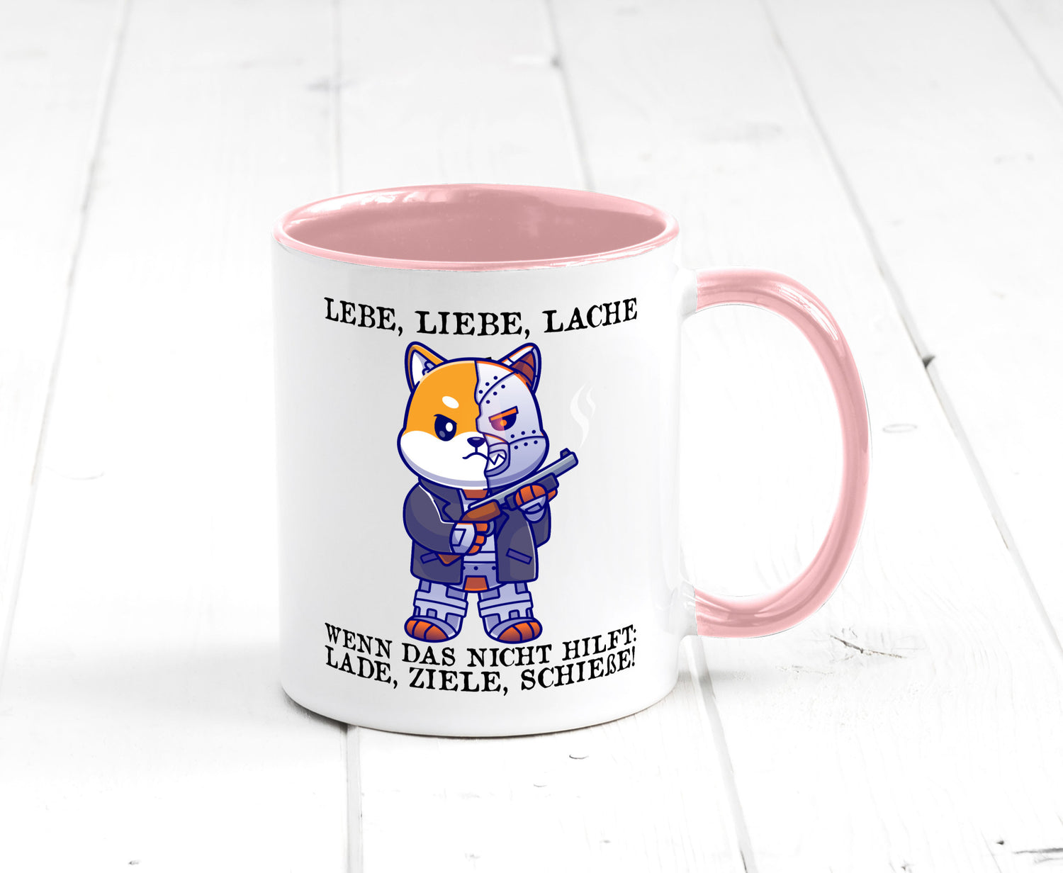 Lebe Liebe Lache | Sarkasmus Katze mit Gewehr Comic Geschenk Tierliebhaber