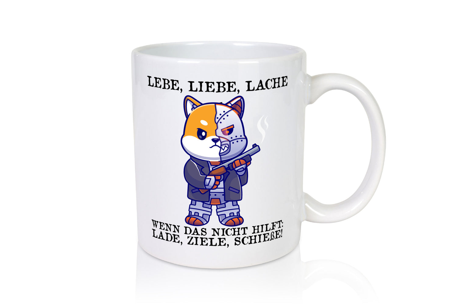 Lebe Liebe Lache | Sarkasmus Katze mit Gewehr Comic Geschenk Tierliebhaber