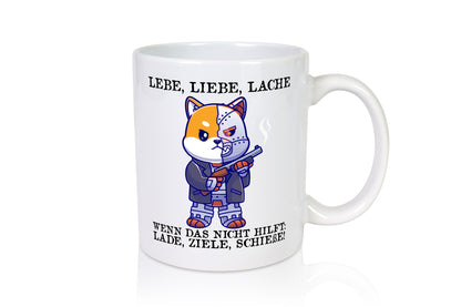Lebe Liebe Lache | Sarkasmus Katze mit Gewehr Comic Geschenk Tierliebhaber