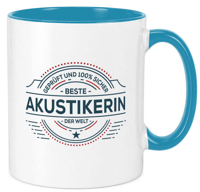 Geprüft und sicher: Akustikerin | Akustik Hörgeräteakustik Humor Geschenkidee Tasse