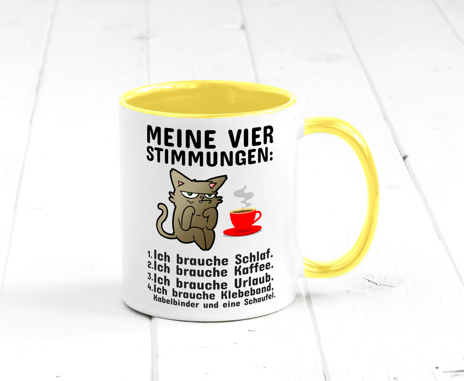 Vier Stimmungen | Morgenmuffel Tasse mürrische Katze Humor Tierliebhaber