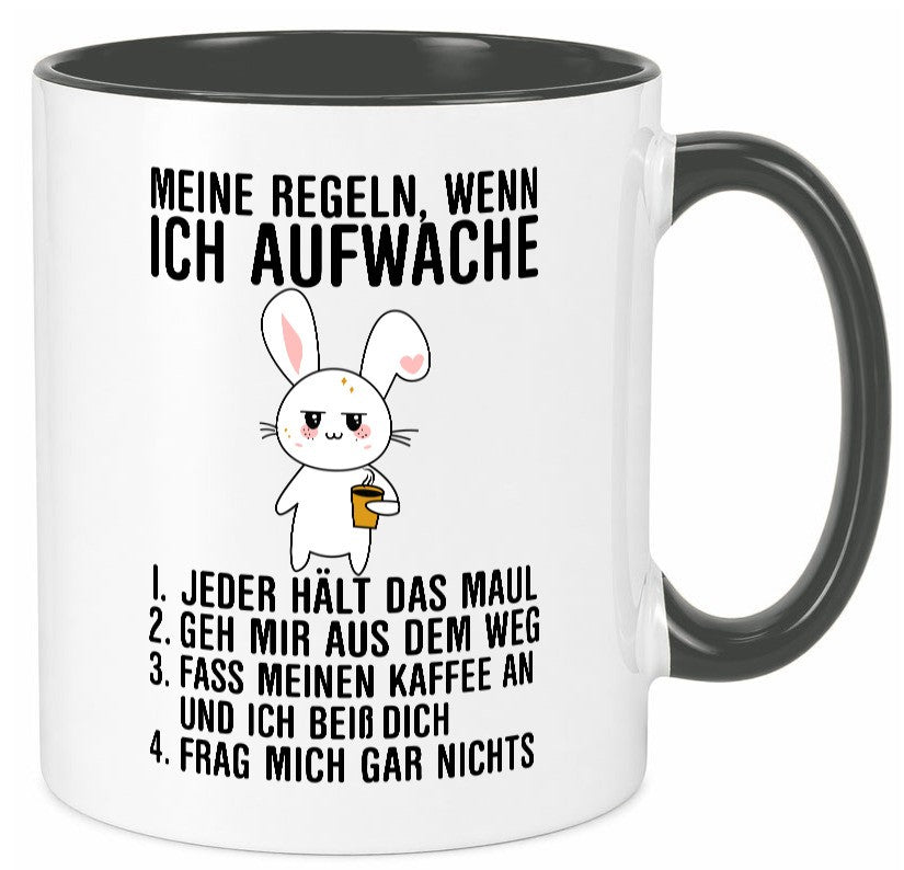 Regeln wenn ich aufwache | Morgenmuffel Hase Kaffee Geschenk Humor Geschenkidee Tasse