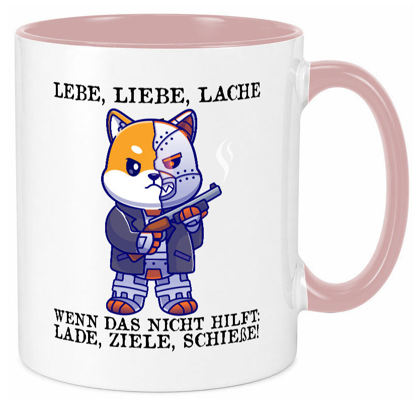 Lebe Liebe Lache | Sarkasmus Katze mit Gewehr Comic Geschenk Tierliebhaber