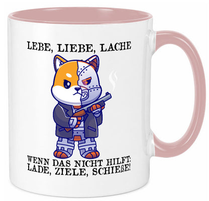 Lebe Liebe Lache | Sarkasmus Katze mit Gewehr Comic Geschenk Tierliebhaber