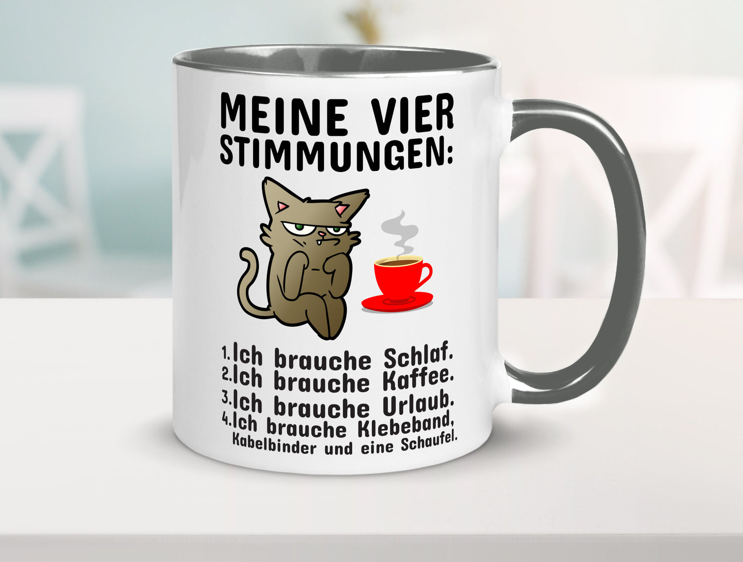 Vier Stimmungen | Morgenmuffel Tasse mürrische Katze Humor Tierliebhaber